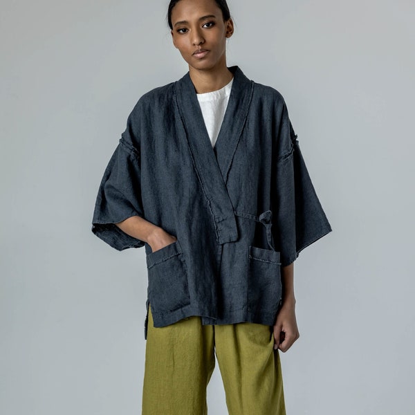 Heavy linen haori jacket with raw edge, tie-string linen jacket for women with kimono sleeves YOI