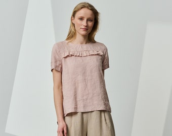 Gegolfde linnen blouse, A-lijn linnen top, linnen blouse met korte mouwen, linnen blouse met ronde hals, modieuze linnen blouse HEYDAY