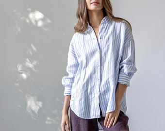Light-linen loose shirt with wide cuffs, oversize linen shirt, buttoned linen shirt women, casual linen shirt with classic collar SEATTLE