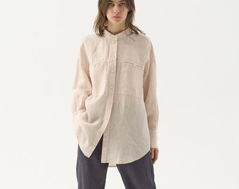 Camisa de lino oversize con bolsillos de parche, sobrecamisa de lino holgada, camisa de lino con botones, top de lino con cuello mao, top de lino de moda MOMO