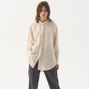 Oversized linen shirt with patch pockets, loose linen overshirt, button linen shirt, linen top with band collar, fashionable linen top MOMO