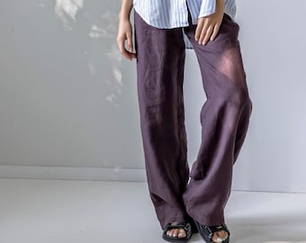 Pantalón ancho de lino, pantalón de cintura elástica con bolsillos, pantalón holgado de lino, pantalón de lino de corte recto para mujer BARLEY