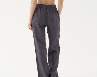Elastic waist trousers, wide-leg linen pants with pockets, long linen pants for women STORM