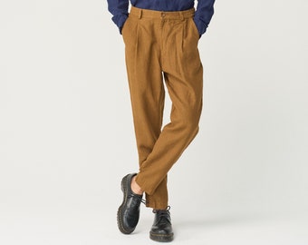 Tapered linen pants for men with zipper and elastic back, pleated heavy linen trousers NIKO