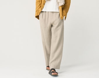 Heavy linen pants for men with elastic waist, straight wide leg linen trousers, leisure pants DOT