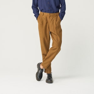 Tapered linen pants for men with zipper and elastic back, pleated heavy linen trousers NIKO image 1