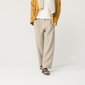 Heavy linen pants for men with elastic waist, straight wide leg linen trousers, leisure pants DOT