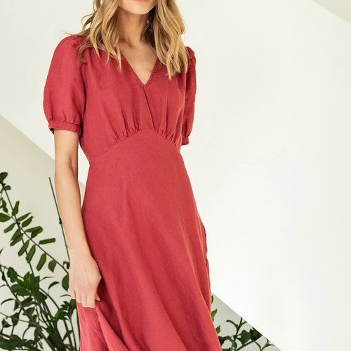 Empire waist dress, linen tea dress, linen dress with puff sleeves, regency dress, linen midi dress DOLCE