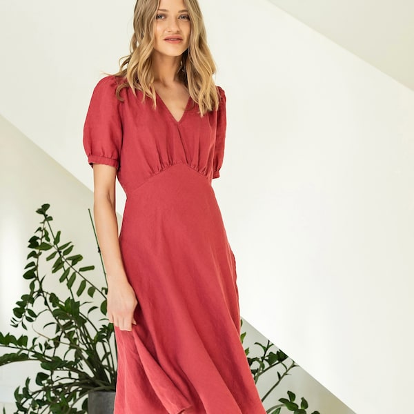 Empire linen dress with V-neck, midi linen dress with puffy sleeves, regency dress with empire waist, flared linen dress DOLCE