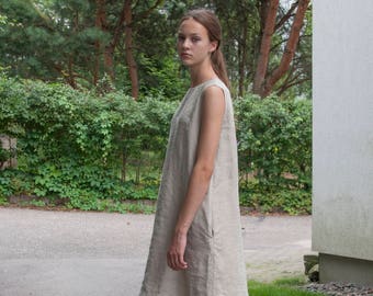 Sleeveless natural linen dress with pockets, loose linen dress, midi linen dress, loose linen tunic, dress with belt, plus size dresses