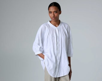 Loose linen shirt, oversize linen blouse with balloon sleeves, button-down linen tunic, plus size linen top, maternity linen shirt TULIP