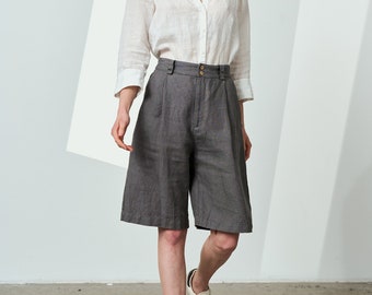 Shorts in lino plissettato da donna, shorts a vita alta con tasche, bermuda elasticizzati sul retro WALK