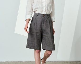 Long linen shorts, oversized linen shorts women, pleated linen shorts, linen pocket shorts, loose summer shorts, linen waist shorts THUNDER