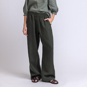 Heavy-linen loose pants with elastic waist, wide linen trousers, straight legged pants, long linen trousers, linen pocket pants JADE