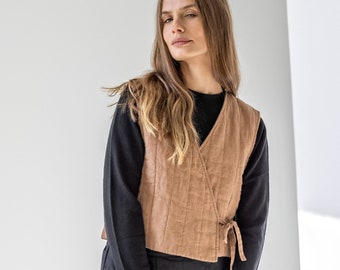 Gilet en lin matelassé, gilet en lin rembourré pour femme, gilet en lin enveloppant réversible ACORN