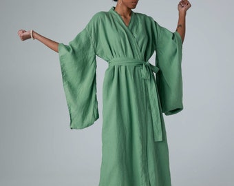 Linen wrap dress with full kimono sleeves, linen kimono dress with pockets, linen dress coat PATRICIA