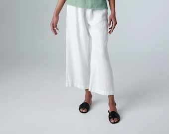 Pantalones de lino para estar en casa, pantalones de lino para yoga, pantalones de lino de pierna ancha con cintura elástica, pantalones de meditación, pantalones de lino cropped AIR