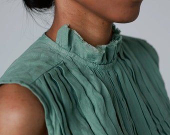 Victorian linen blouse, ruffled linen top, fashionable designer blouse, sleeveless linen blouse with back ties BEATRIX