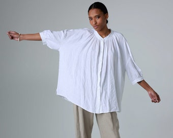 Loose linen shirt, oversize linen blouse with balloon sleeves, button-down linen tunic, plus size linen top, maternity linen shirt TULIP