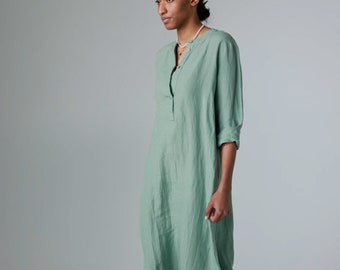 Size: S/M; Ready to ship Linen kaftan dress with pockets, loose linen shirt dress with long sleeves, linen tunic with side slits OCEAN