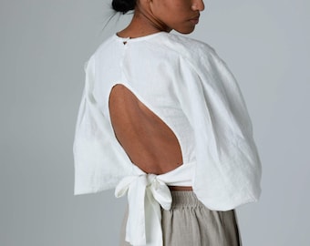 Balloon sleeve linen blouse with open back, linen crop top for women with long puffy sleeves, fashionable linen blouse PENELOPE