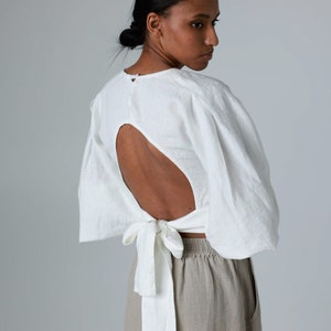 Balloon sleeve linen blouse with open back, linen crop top for women with long puffy sleeves, fashionable linen blouse PENELOPE