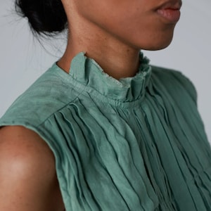 Victorian linen blouse, ruffled linen top, fashionable designer blouse, sleeveless linen blouse with back ties BEATRIX