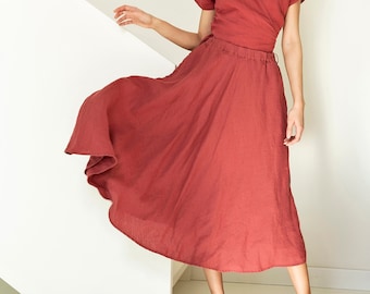 Flared linen skirt with pockets, elastic high waist skirt, half circle skirt, midi linen skirt, black linen skirt TANGO