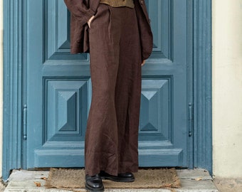 Weitbein Leinenhose, Palazzohose mit Taschen, lange Leinenhose mit elastischer Taille, Boho Leinenhose SPRING