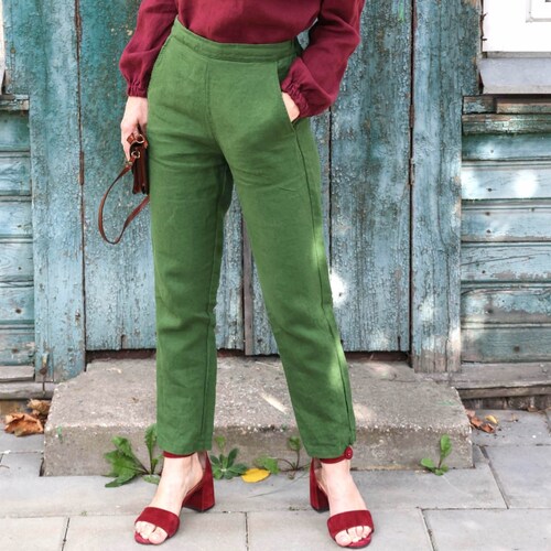 Tapered linen pants women, high waisted pants, sustainable clothing, heavy linen work pants LATTE