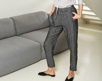 Tapered linen pants with pockets, long linen trousers with elastic waist, linen pants for women CANDOR