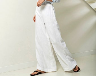 Pantalon bohème évasé, pantalon large en lin, pantalon taille haute, pantalon maxi en lin pour femme, pantalon en lin épais