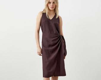 Size: S/M; Ready to ship V-neck linen wrap dress, linen midi dress with wrap skirt, linen slip dress HAZELNUT