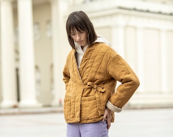 ジャケット・アウター CoiWIRROW / Banboo linen  over coat Quilted Linen Jacket, Linen Padded Coat With Pockets, Warm