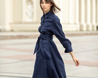 Flared linen shirtdress with puff sleeves, A-line front-buttoned linen dress with classic collar, maxi linen shirt dress with pockets NIGHT