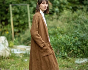 Size: XS/S; Ready to ship, Linen duster with pockets, linen kimono jacket, heavy linen robe, autumn coat MAPLE