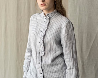 Victorian linen shirt, linen blouse with fringes, raw-edge linen shirt women, linen top with ruffled collar, fashionable line blouse DASH