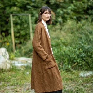 Linen duster with pockets, linen kimono jacket, sustainable flare coat, heavy linen robe, autumn coat MAPLE