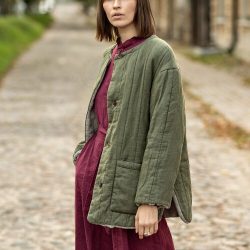 Quilted Jacket With Pockets Heavy Linen Jacket Women Etsy
