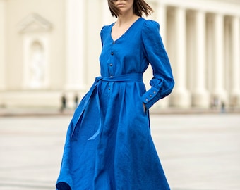 A-line linen dress with puffy sleeves, linen flared dress with belt, linen buttoned dress, linen maxi dress, V-neck linen dress CANNES
