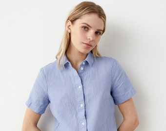 Taille : XS/S ; Prêt-à-partir Chemise en lin boutonnée pour femme, chemise de travail décontractée, haut en lin à manches courtes, chemisier en lin télétravaillé LILLE