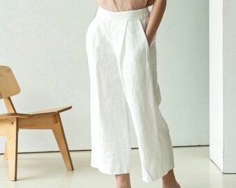 Wide-leg heavy-linen palazzo pants, linen culottes with pockets, cropped linen trousers, pleated linen trousers LIME