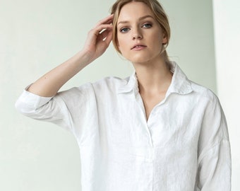 Loose-fit linen blouse with V-neck, 3/4 sleeve linen blouse, vacation linen top, casual linen shirt, linen tunic with cutaway collar WEAVE