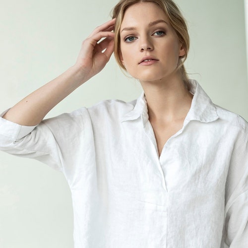 White Linen Blouse for Women Button 