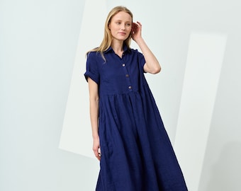 Long linen dress with shirt collar, loose linen dress, pleated linen dress with high waist, maxi dress with pockets, button dress JURA