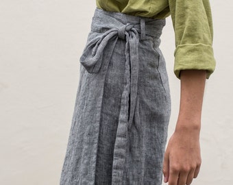 Wrap linen skirt, midi linen skirt with belt, straight cut skirt SOUL