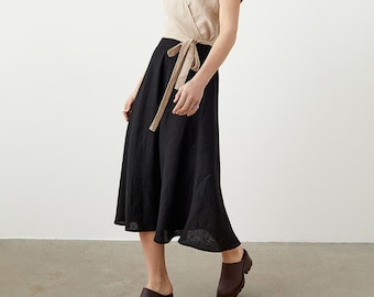 Flared linen skirt with pockets, midi linen skirt, A line skirt, boho linen skirt, flowy skirt, bias cut skirt POLKA