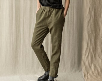 Heavy linen tapered pants with pockets, long linen trousers, linen pants with elastic waist MILLENNIUM