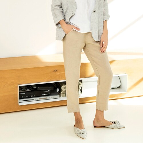 Tapered linen pants with elastic waist, high waist pants, tapered pants, summer pants, boho pants women LATTE