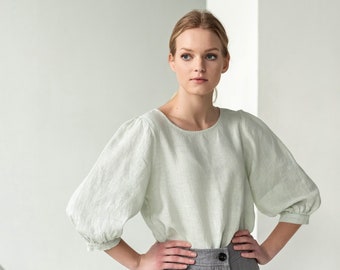 Size: M; Ready to ship, Balloon sleeve linen blouse, puffy sleeve linen top, loose-fit women blouse, linen shirt women POET